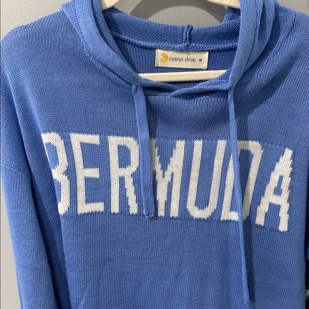Ocean Drive Women's Cowl Neck Sweater in Blue with 'BERMUDA' Print - Picture 3 of 5